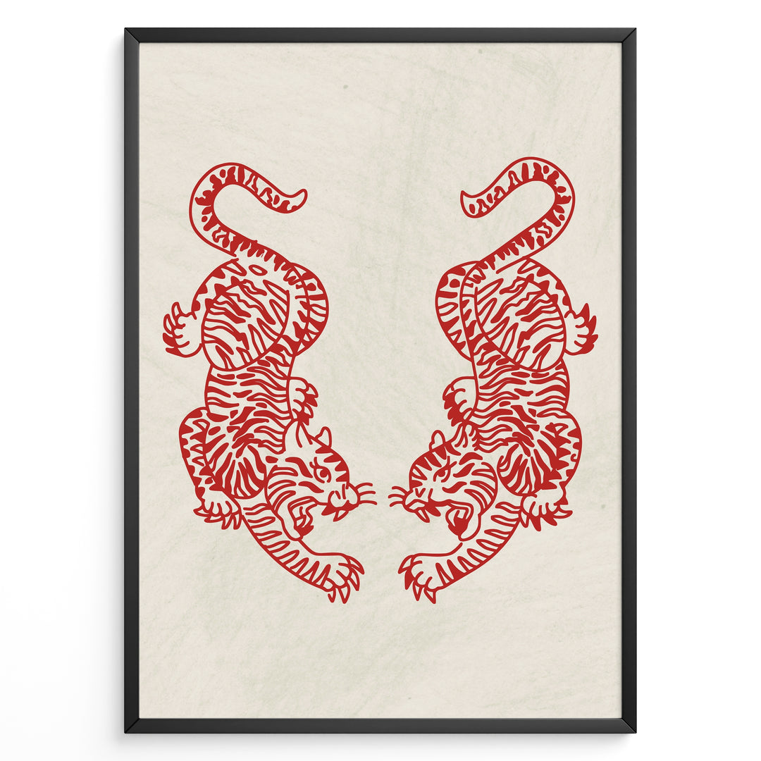 Minimalist red cutout-style illustration of two mirrored tigers on a light textured background in a framed poster.