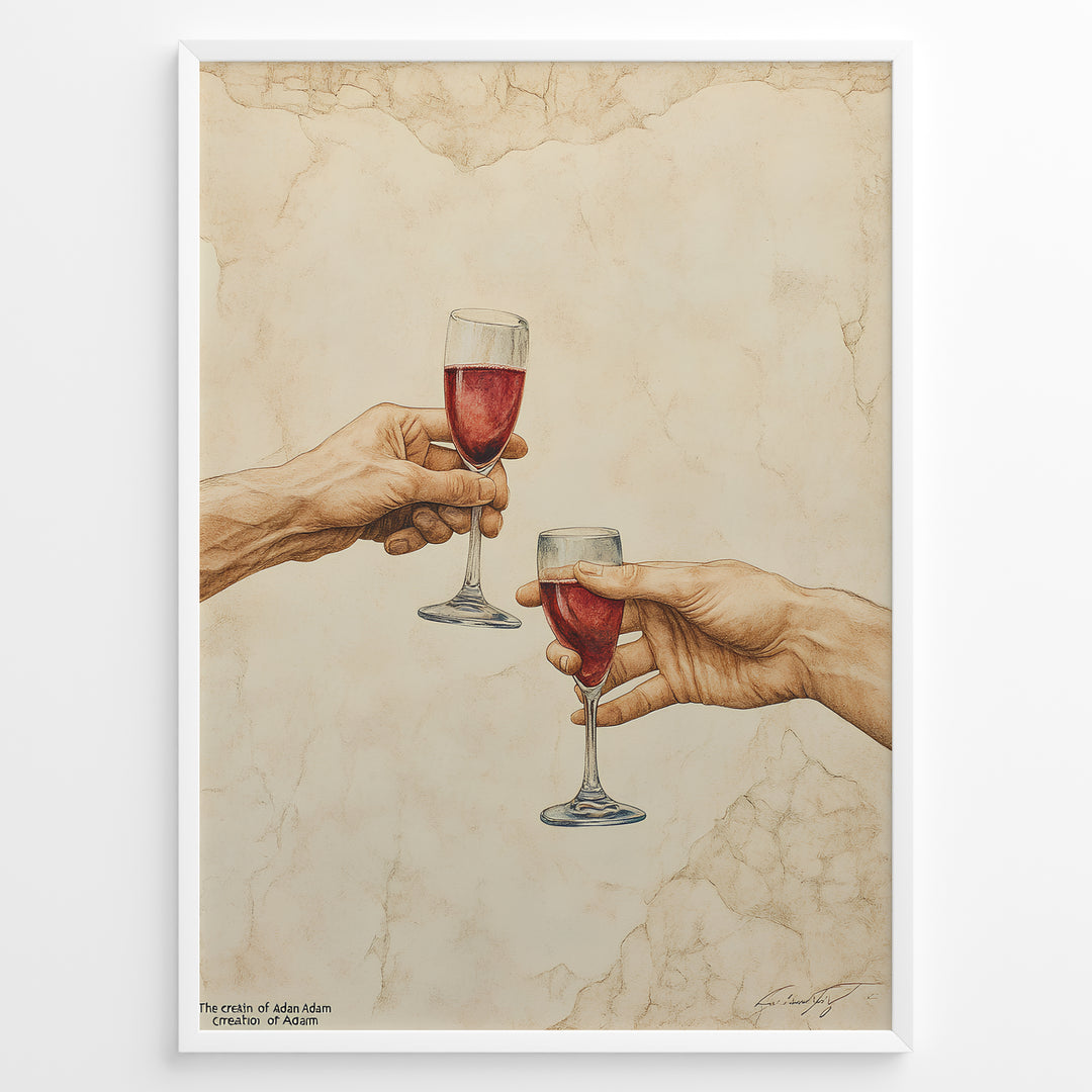 Art print plakat of two realistic hands clinking wine glasses, inspired by Michelangelo’s Creation of Adam, with beige marble texture background in a white frame.