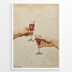 Ladda upp bild till gallerivisning, Art print plakat of two realistic hands clinking wine glasses, inspired by Michelangelo’s Creation of Adam, with beige marble texture background in a white frame.
