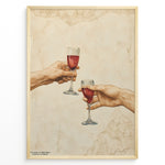Ladda upp bild till gallerivisning, Art print plakat of two realistic hands clinking wine glasses, inspired by Michelangelo’s Creation of Adam, with beige marble texture background in a golden frame.
