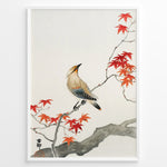 Ladda upp bild till gallerivisning, Japanese watercolor painting of a bird perched on a branch with red maple leaves in a framed poster.
