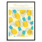 Ladda upp bild till gallerivisning, Tropical pineapple wall art featuring yellow and blue illustrated pineapples with text about pineapple origins, framed in black, ideal for kitchen or summer-inspired wall décor.
