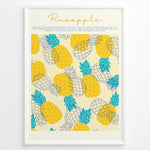 Ladda upp bild till gallerivisning, Tropical pineapple wall art featuring yellow and blue illustrated pineapples with text about pineapple origins, framed in black, ideal for kitchen or summer-inspired wall décor.
