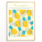 Ladda upp bild till gallerivisning, Tropical pineapple wall art featuring yellow and blue illustrated pineapples with text about pineapple origins, framed in black, ideal for kitchen or summer-inspired wall décor.

