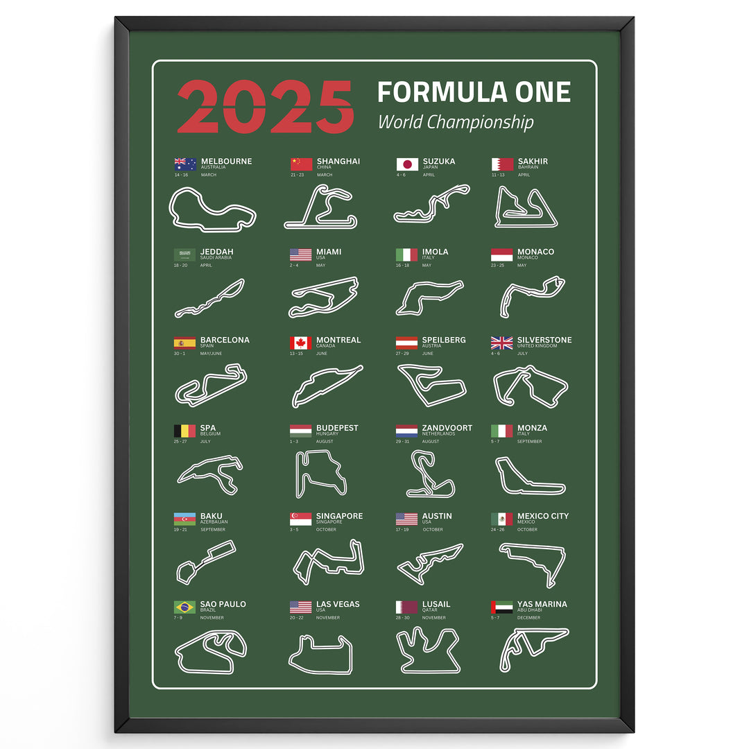F1 Plakat | F1 Kalender Plakater 2025 | Formel 1 Race Tracking Map | Perfekt til Den Ægte Fan | Plakaty.dk