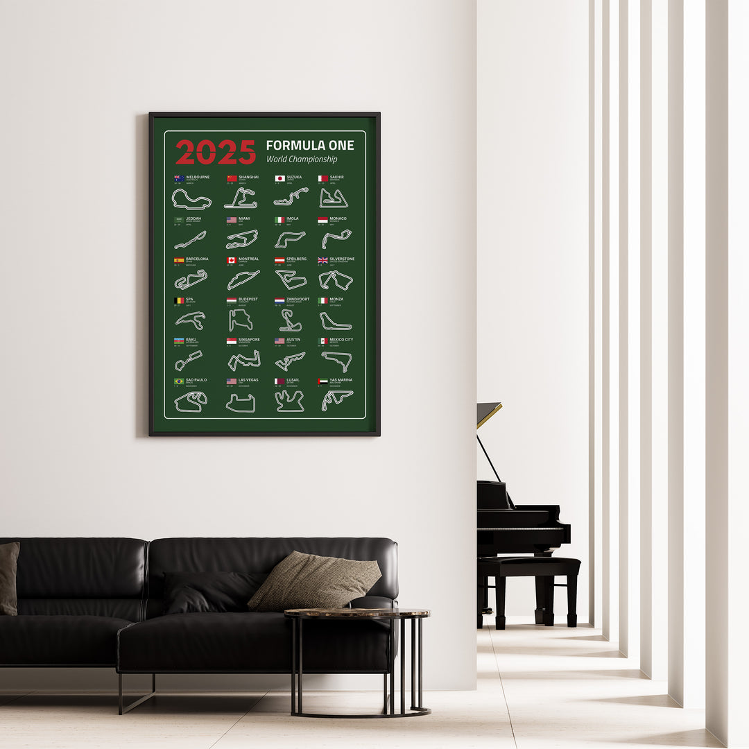 F1 Plakat | F1 Kalender Plakater 2025 | Formel 1 Race Tracking Map | Perfekt til Den Ægte Fan | Plakaty.dk