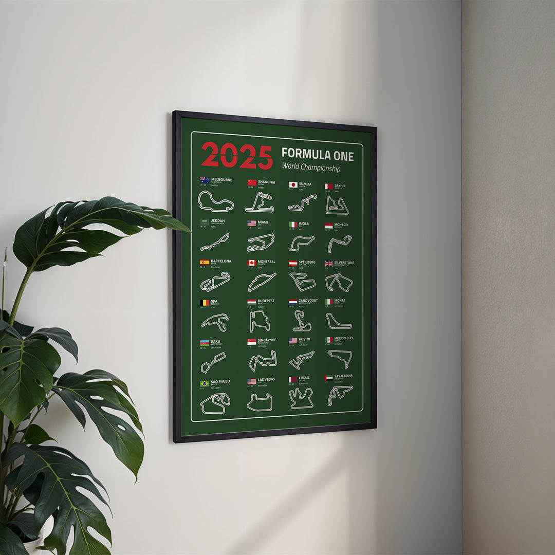 F1 Plakat | F1 Kalender Plakater 2025 | Formel 1 Race Tracking Map | Perfekt til Den Ægte Fan | Plakaty.dk