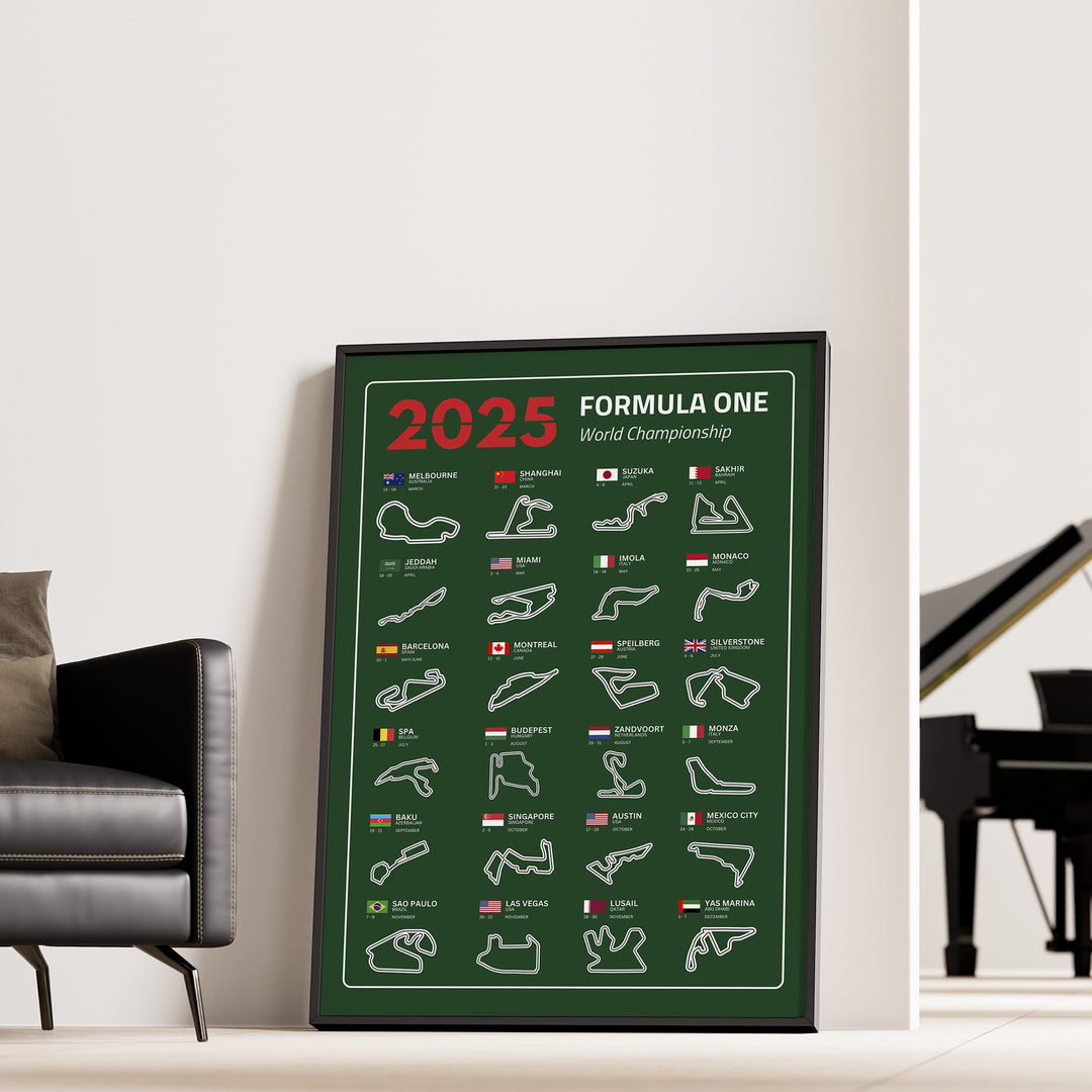 F1 Plakat | F1 Kalender Plakater 2025 | Formel 1 Race Tracking Map | Perfekt til Den Ægte Fan | Plakaty.dk