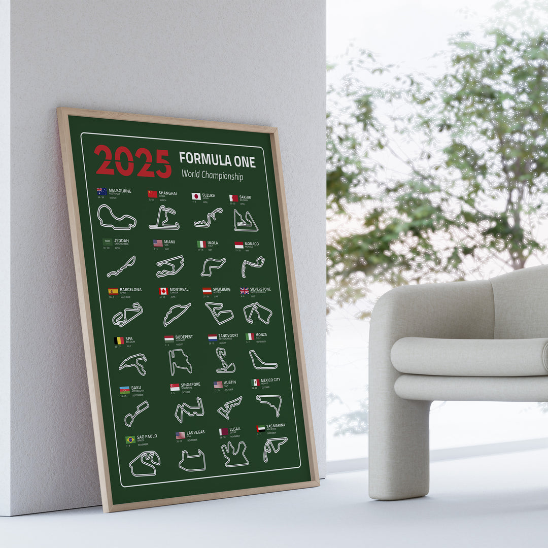 F1 Plakat | F1 Kalender Plakater 2025 | Formel 1 Race Tracking Map | Perfekt til Den Ægte Fan | Plakaty.dk