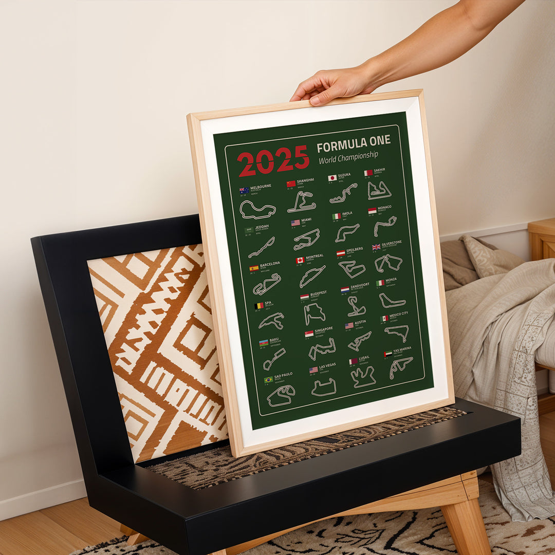 F1 Plakat | F1 Kalender Plakater 2025 | Formel 1 Race Tracking Map | Perfekt til Den Ægte Fan | Plakaty.dk