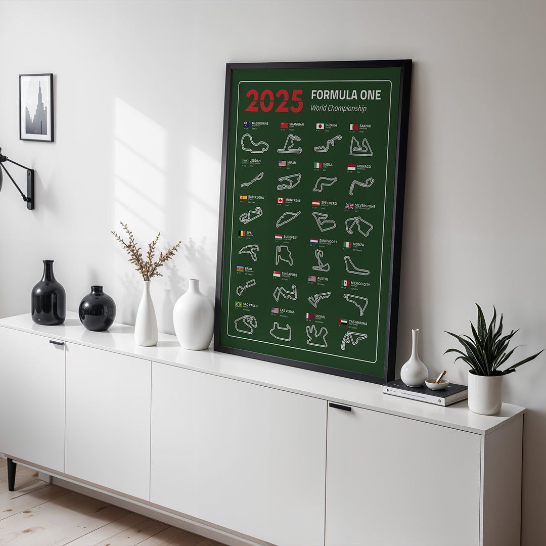 F1 Plakat | F1 Kalender Plakater 2025 | Formel 1 Race Tracking Map | Perfekt til Den Ægte Fan | Plakaty.dk