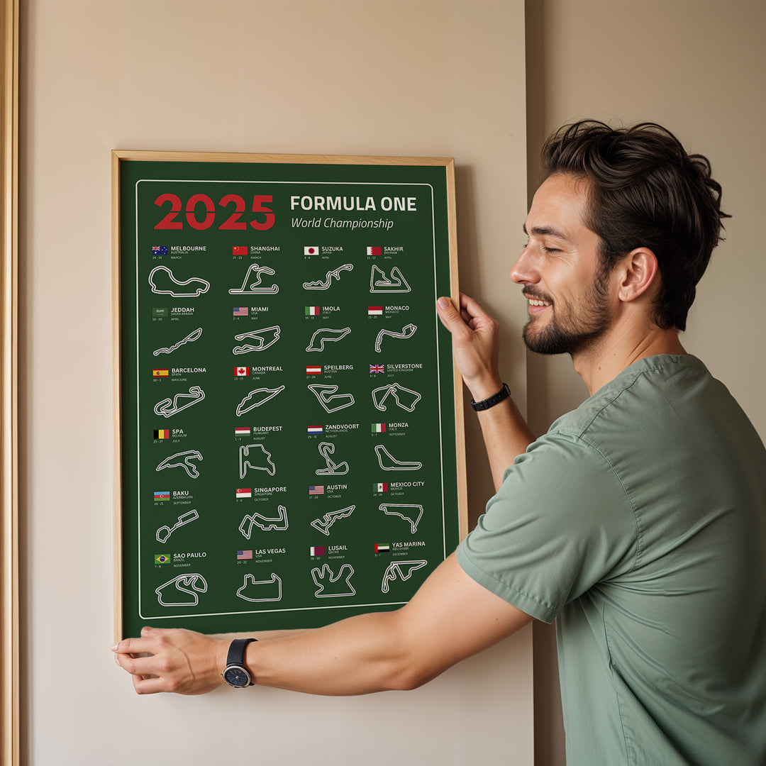 F1 Plakat | F1 Kalender Plakater 2025 | Formel 1 Race Tracking Map | Perfekt til Den Ægte Fan | Plakaty.dk