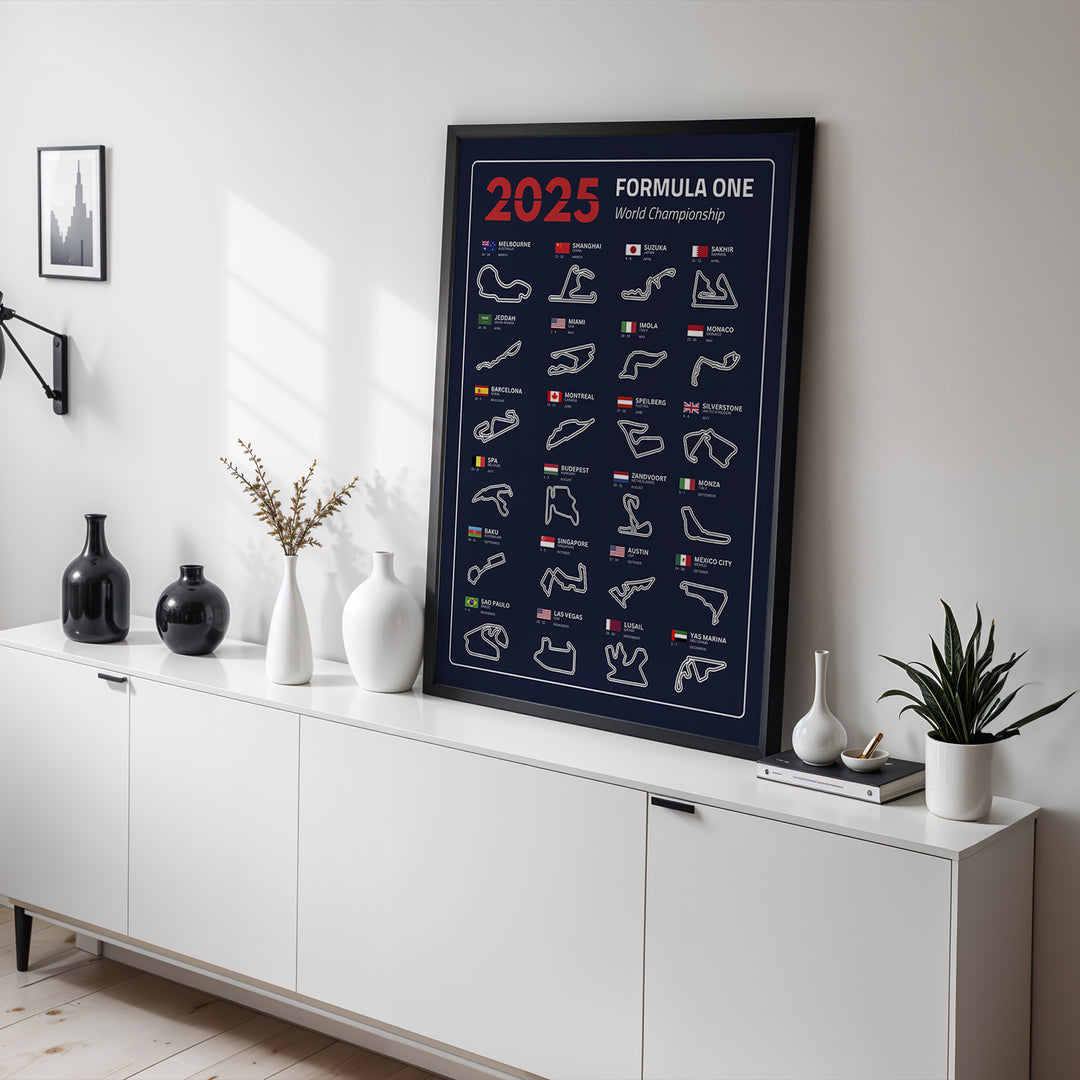 F1 Plakat | F1 Kalender Plakater 2025 | Formel 1 Race Tracking Map | Perfekt til Den Ægte Fan | Plakaty.dk