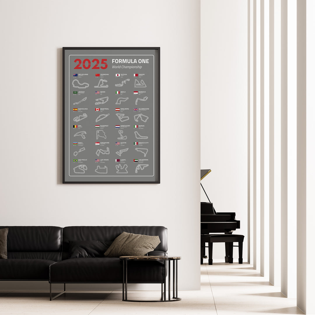 F1 Plakat | F1 Kalender Plakater 2025 | Formel 1 Race Tracking Map | Perfekt til Den Ægte Fan | Plakaty.dk