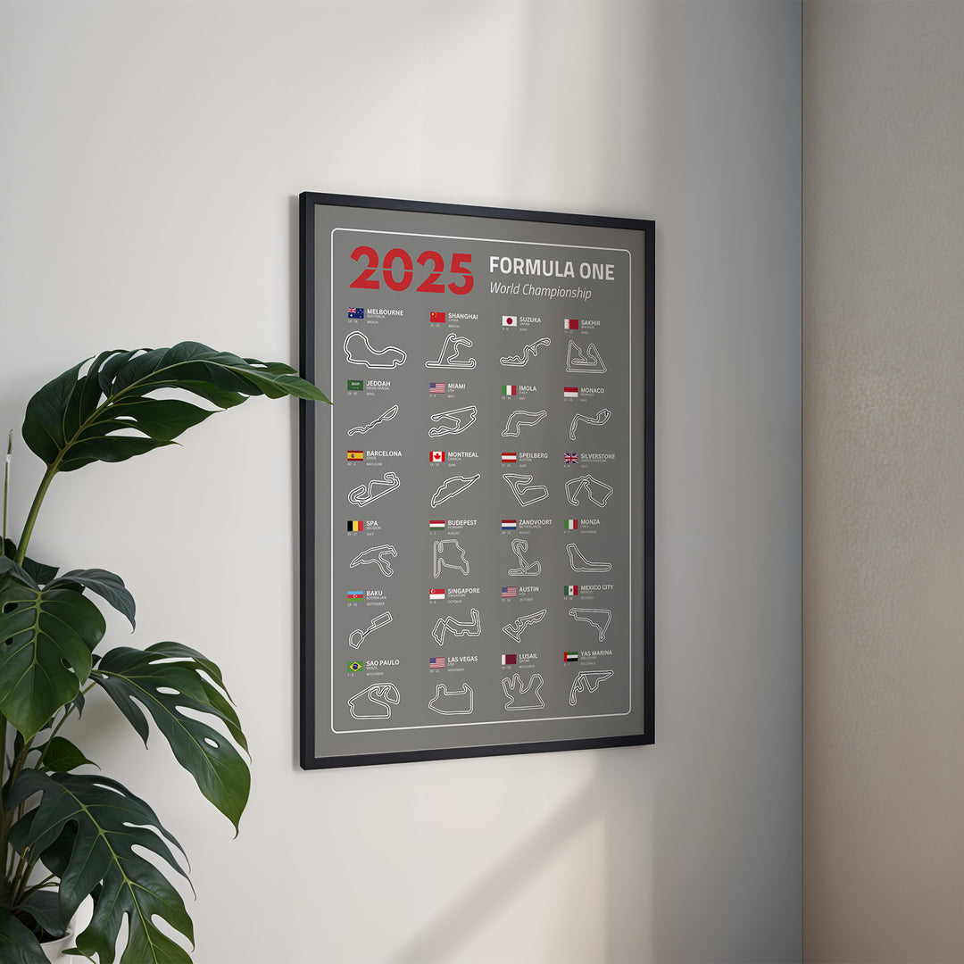F1 Plakat | F1 Kalender Plakater 2025 | Formel 1 Race Tracking Map | Perfekt til Den Ægte Fan | Plakaty.dk