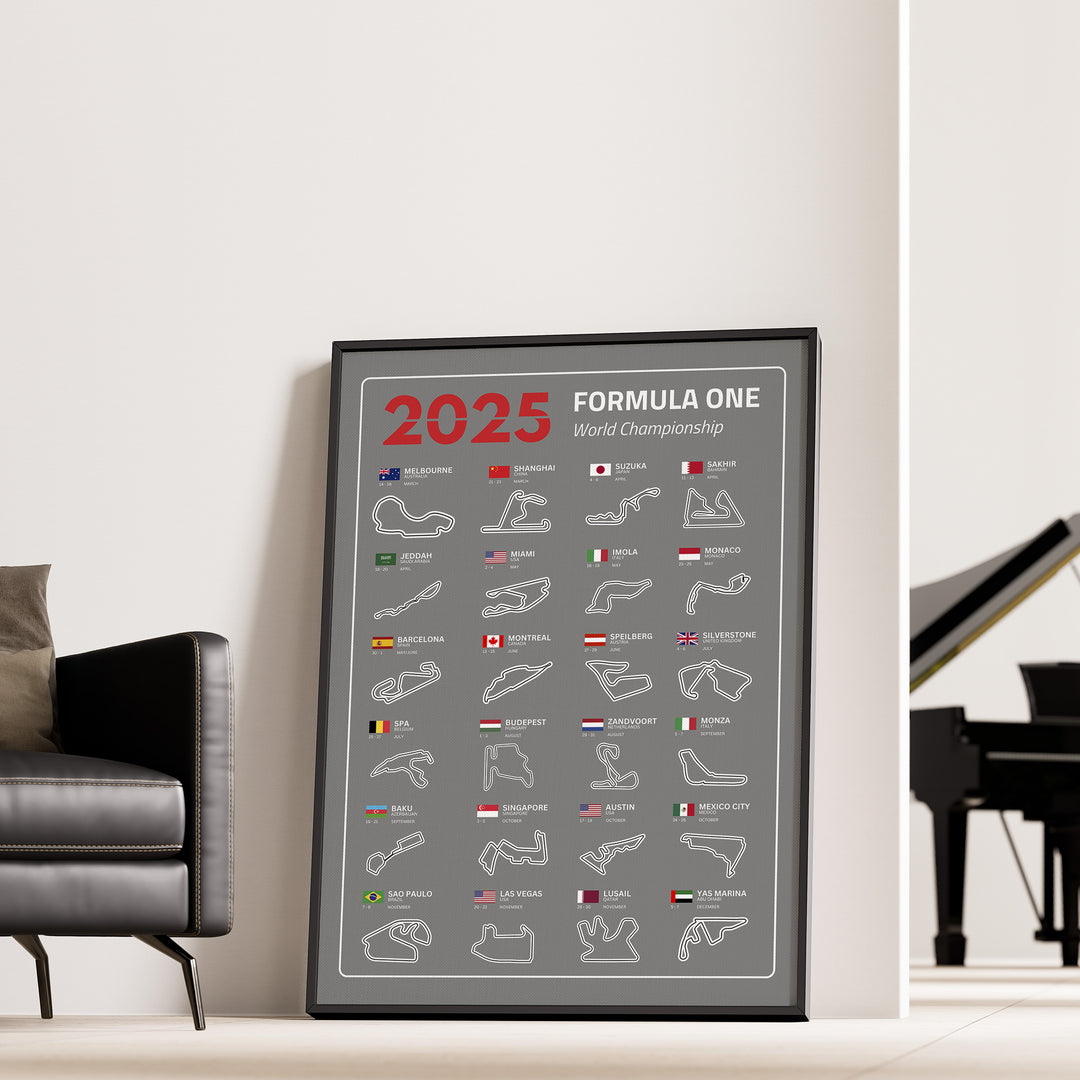 F1 Plakat | F1 Kalender Plakater 2025 | Formel 1 Race Tracking Map | Perfekt til Den Ægte Fan | Plakaty.dk