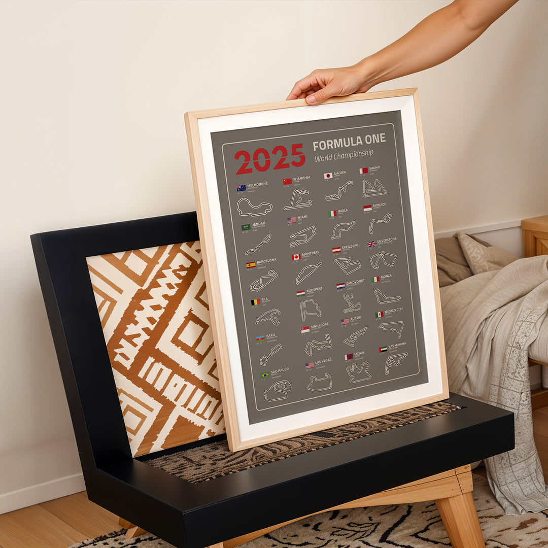 F1 Plakat | F1 Kalender Plakater 2025 | Formel 1 Race Tracking Map | Perfekt til Den Ægte Fan | Plakaty.dk