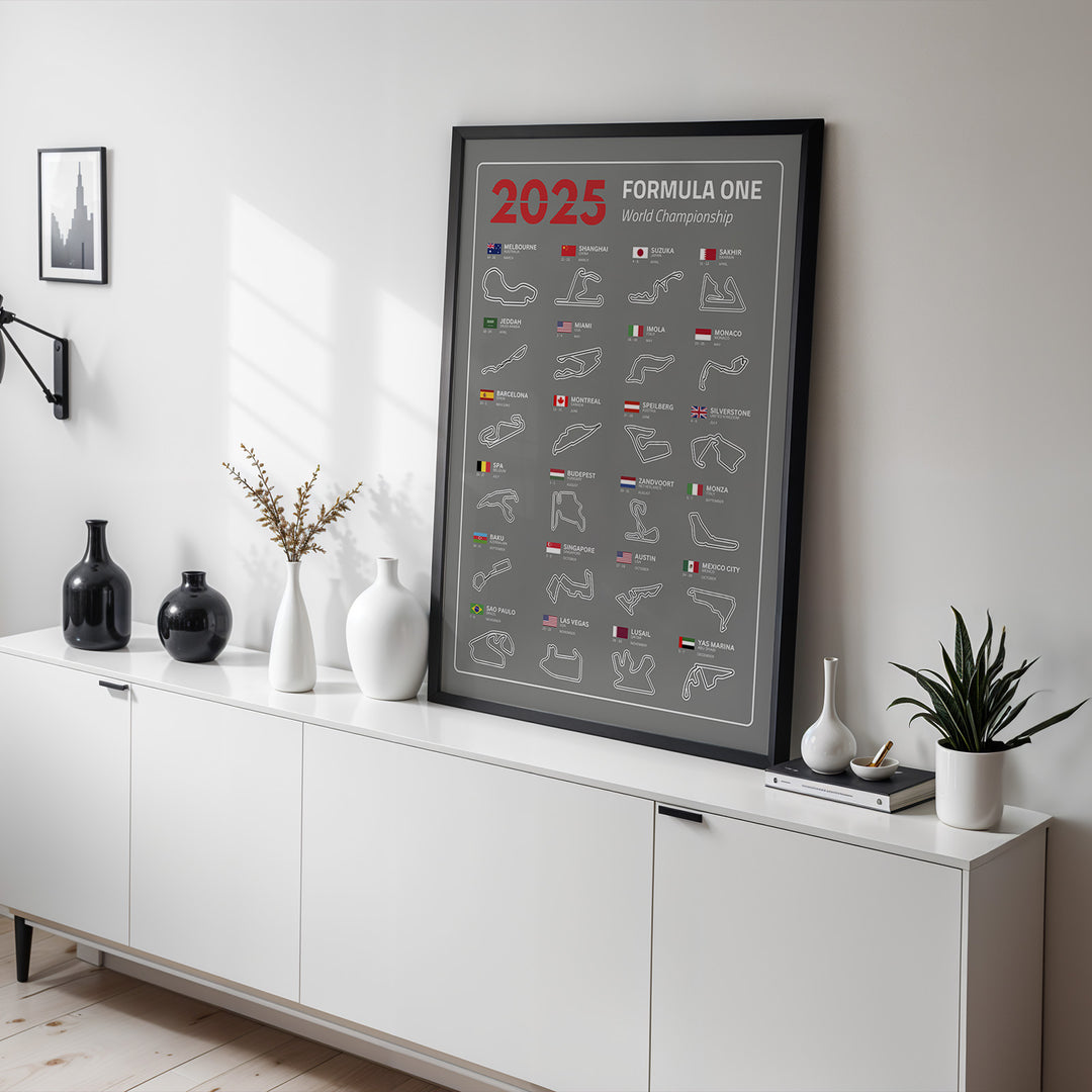 F1 Plakat | F1 Kalender Plakater 2025 | Formel 1 Race Tracking Map | Perfekt til Den Ægte Fan | Plakaty.dk