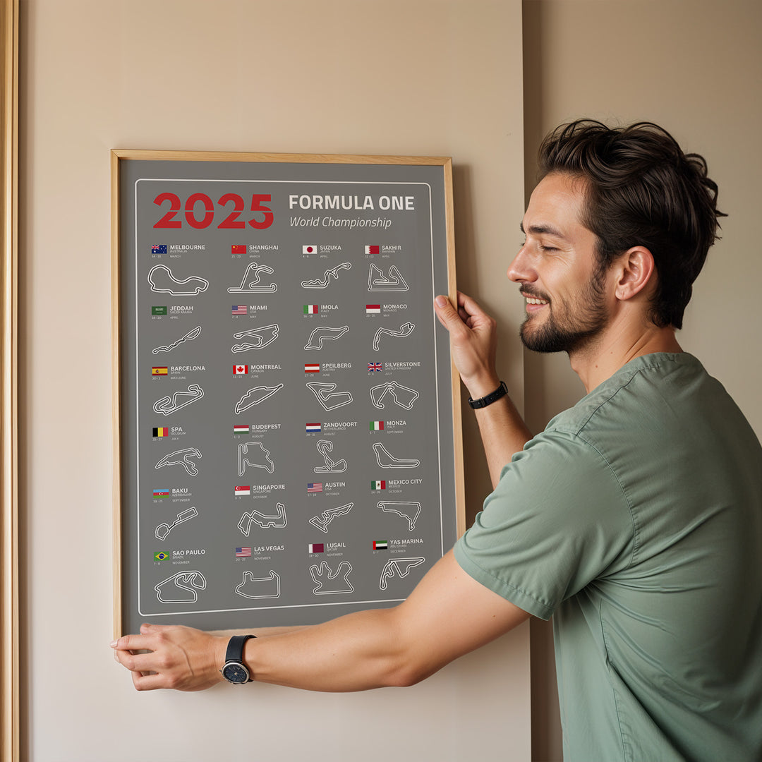 F1 Plakat | F1 Kalender Plakater 2025 | Formel 1 Race Tracking Map | Perfekt til Den Ægte Fan | Plakaty.dk