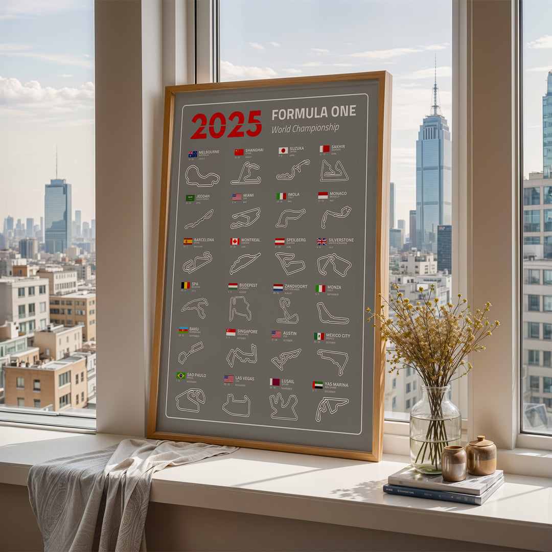 F1 Plakat | F1 Kalender Plakater 2025 | Formel 1 Race Tracking Map | Perfekt til Den Ægte Fan | Plakaty.dk