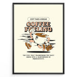 Ladda upp bild till gallerivisning, Motivational coffee wall art showing a cartoon coffee cup running with papers and a briefcase, featuring the quote “Coffee Fueling – Just Take a Break,” ideal for office or kitchen décor.
