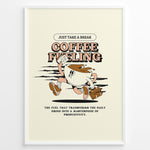 Ladda upp bild till gallerivisning, Motivational coffee wall art showing a cartoon coffee cup running with papers and a briefcase, featuring the quote “Coffee Fueling – Just Take a Break,” ideal for office or kitchen décor.
