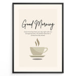 Ladda upp bild till gallerivisning, Minimalist wall art featuring a coffee cup illustration and the text “Good Morning – Start your day right with our energizing brew,” ideal for kitchen or café wall decoration.
