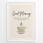 Ladda upp bild till gallerivisning, Minimalist wall art featuring a coffee cup illustration and the text “Good Morning – Start your day right with our energizing brew,” ideal for kitchen or café wall decoration.
