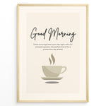 Ladda upp bild till gallerivisning, Minimalist wall art featuring a coffee cup illustration and the text “Good Morning – Start your day right with our energizing brew,” ideal for kitchen or café wall decoration.
