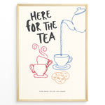 Ladda upp bild till gallerivisning, Fun wall art with a teapot pouring tea into cups and the text “Here for the Tea,” featuring colorful minimalist line art design—ideal for kitchen, tea room, or café wall décor.
