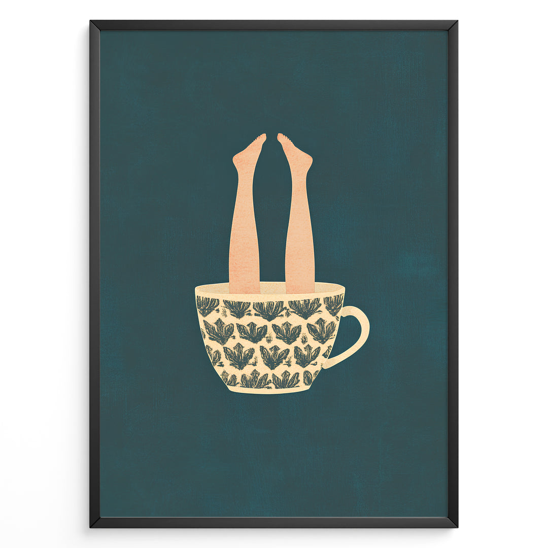 Art print plakat of a beige patterned coffee cup with human legs sticking out against a dark teal background.