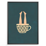 Ladda upp bild till gallerivisning, Art print plakat of a beige patterned coffee cup with human legs sticking out against a dark teal background.
