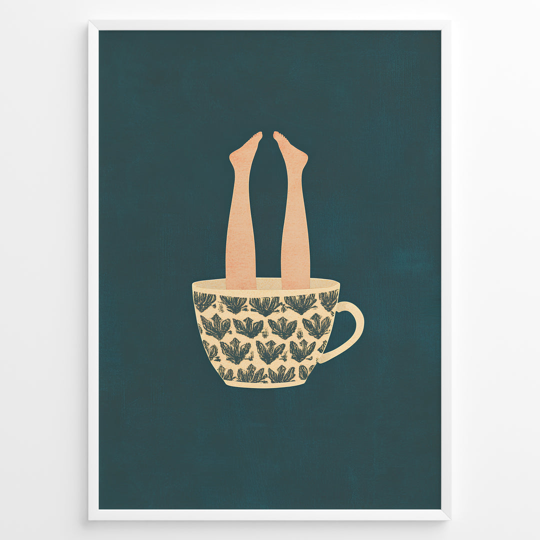 Art print plakat of a beige patterned coffee cup with human legs sticking out against a dark teal background.