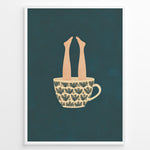 Ladda upp bild till gallerivisning, Art print plakat of a beige patterned coffee cup with human legs sticking out against a dark teal background.
