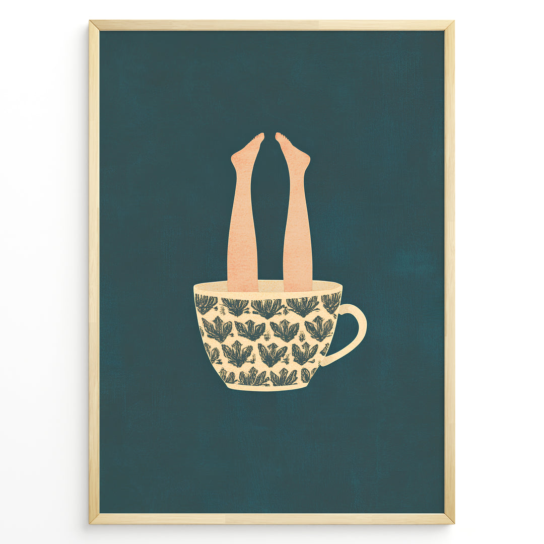 Art print plakat of a beige patterned coffee cup with human legs sticking out against a dark teal background.