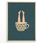 Ladda upp bild till gallerivisning, Art print plakat of a beige patterned coffee cup with human legs sticking out against a dark teal background.
