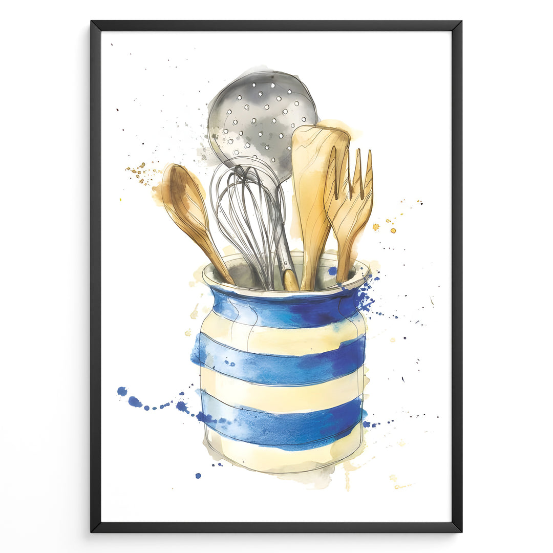 Watercolor wall art plakat of a blue-striped jar holding kitchen utensils including wooden spoons, a whisk, and a ladle—ideal for kitchen wall décor or dining area artwork.