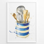 Ladda upp bild till gallerivisning, Watercolor wall art plakat of a blue-striped jar holding kitchen utensils including wooden spoons, a whisk, and a ladle—ideal for kitchen wall décor or dining area artwork.
