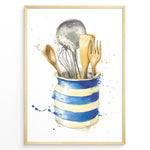 Ladda upp bild till gallerivisning, Watercolor wall art plakat of a blue-striped jar holding kitchen utensils including wooden spoons, a whisk, and a ladle—ideal for kitchen wall décor or dining area artwork.

