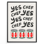 Ladda upp bild till gallerivisning, Funny kitchen wall art plakat with the phrase “Yes Chef” and illustrations of tomato cans—ideal for kitchen, café, or restaurant décor.
