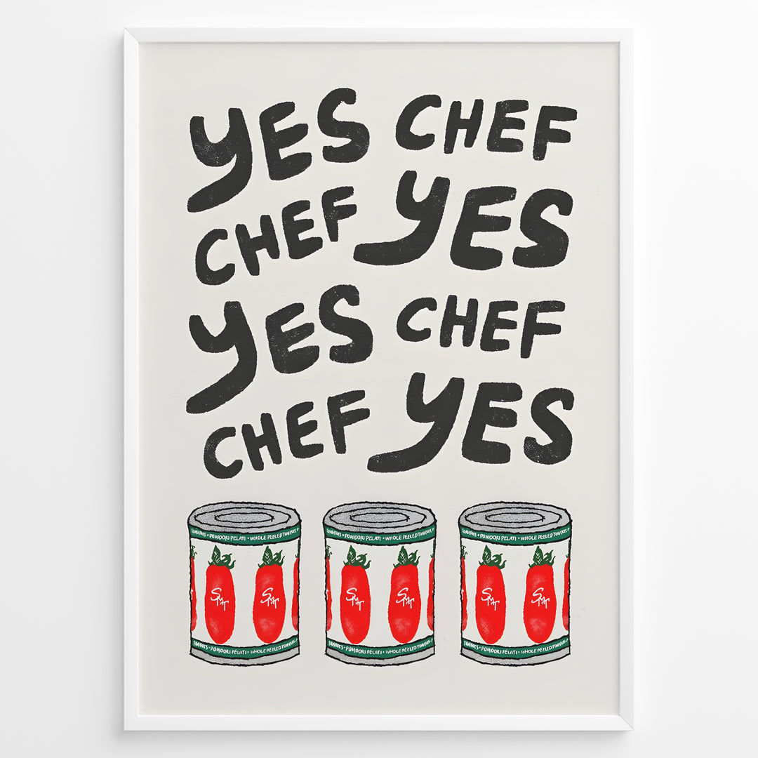 Funny kitchen wall art plakat with the phrase “Yes Chef” and illustrations of tomato cans—ideal for kitchen, café, or restaurant décor.