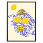 Ladda upp bild till gallerivisning, Minimalist wall art plakat of yellow lemons in a blue net pattern on a beige background—modern kitchen or dining room décor print.
