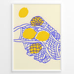 Ladda upp bild till gallerivisning, Minimalist wall art plakat of yellow lemons in a blue net pattern on a beige background—modern kitchen or dining room décor print.
