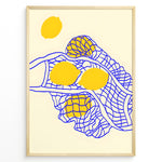Ladda upp bild till gallerivisning, Minimalist wall art plakat of yellow lemons in a blue net pattern on a beige background—modern kitchen or dining room décor print.
