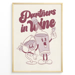 Ladda upp bild till gallerivisning, Funny kitchen wall art plakat with “Partners in Wine” text and cartoon wine bottle and glass characters—ideal for bar or dining room décor.
