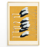 Ladda upp bild till gallerivisning, Minimalist Japanese illustration of cranes in a vertical formation on a yellow background in a framed poster.

