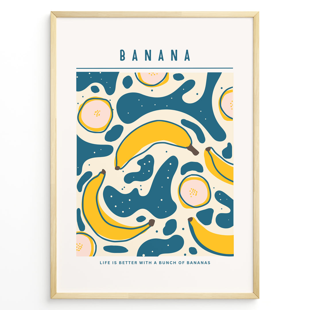 Colorful banana art print plakat with abstract teal and yellow shapes, text reading “Life is better with a bunch of bananas,” framed in golden.