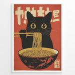 Ladda upp bild till gallerivisning, Retro Japanese-style illustration of a black cat eating noodles with chopsticks in a framed poster.

