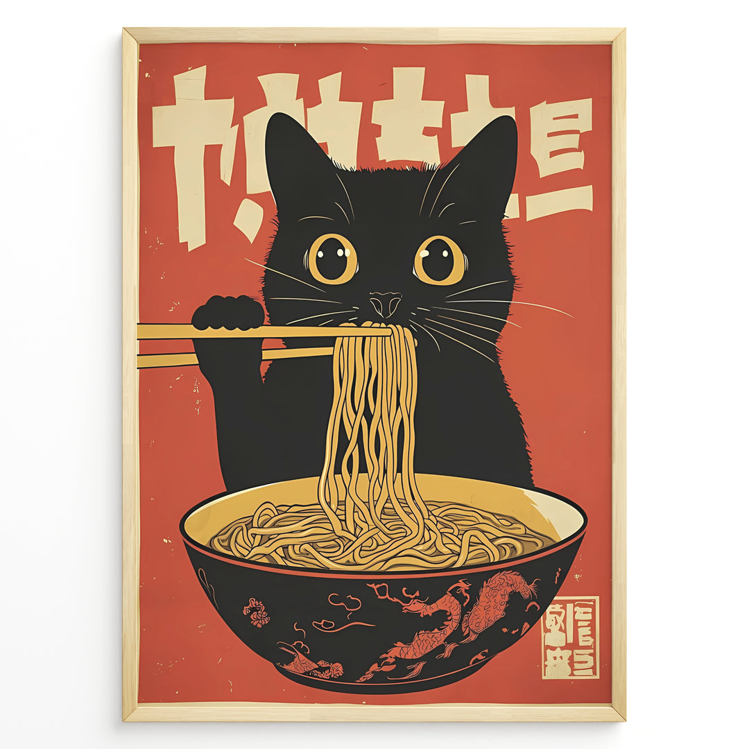 Retro Japanese-style illustration of a black cat eating noodles with chopsticks in a framed poster.