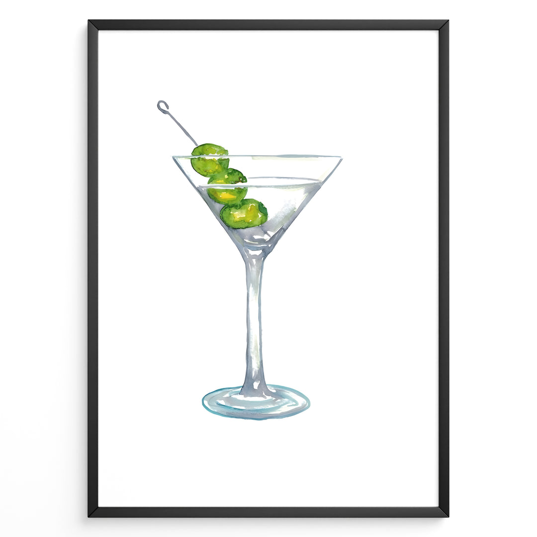 Watercolor illustration plakat of a martini glass with green olives—minimalist cocktail art print for kitchen or bar décor.